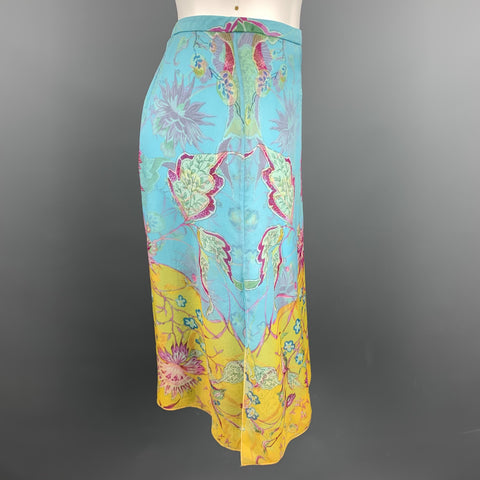 VALENTINO Size 6 Turquoise Floral Chiffon Silk A-line Skirt