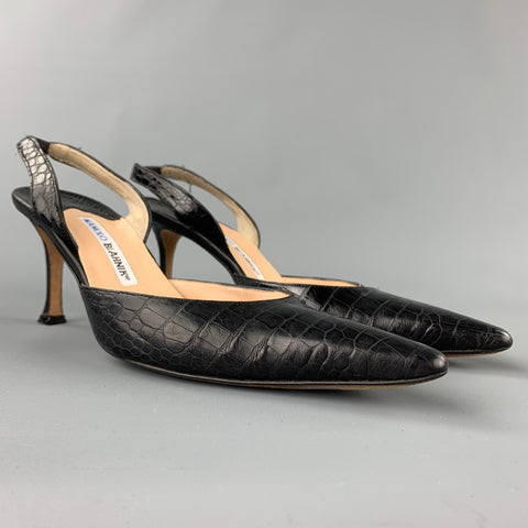 MANOLO BLAHNIK Carolyne Talla 10 Zapatos de tacón con tira trasera en piel de cocodrilo negra
