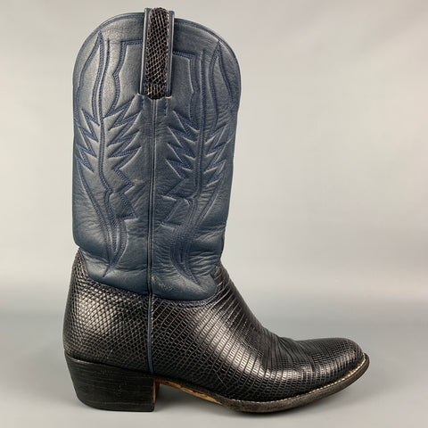 CUSTOM MADE Taille 10 Bottes western en cuirs mélangés bleu et marine