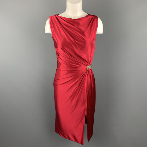 REEM ACRA Size 2 Raspberry Red Draped Silk Sleeveless Cocktail Dress