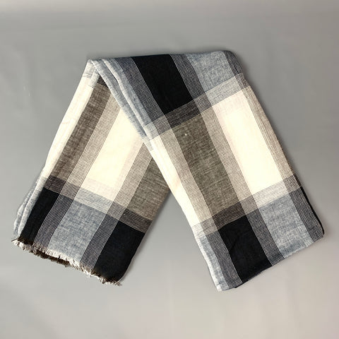 VINTAGE Écharpe en coton à carreaux gris et bleu