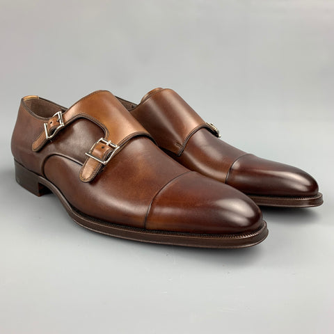 BERGDORF GOODMAN Size 11.5 Brown Antique Leather Double Monk Strap Loafers