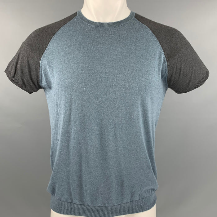 PRADA Size M Blue Grey Color Block Cashmere  Silk Short Sleeve Pullover