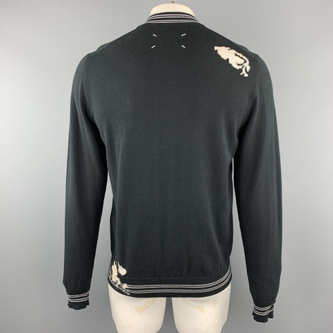 MAISON MARGIELA Size L Black Distressed Cotton Blend Contrast Stripe Trim Pullover Sweater