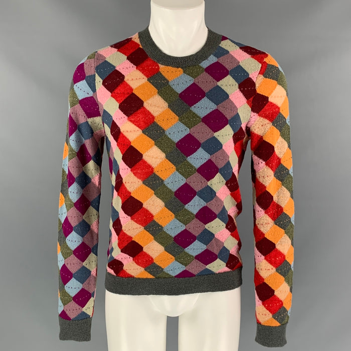 GUCCI Size S Multi-Color Knitted Square Mohair Blend Crew-Neck Pullover