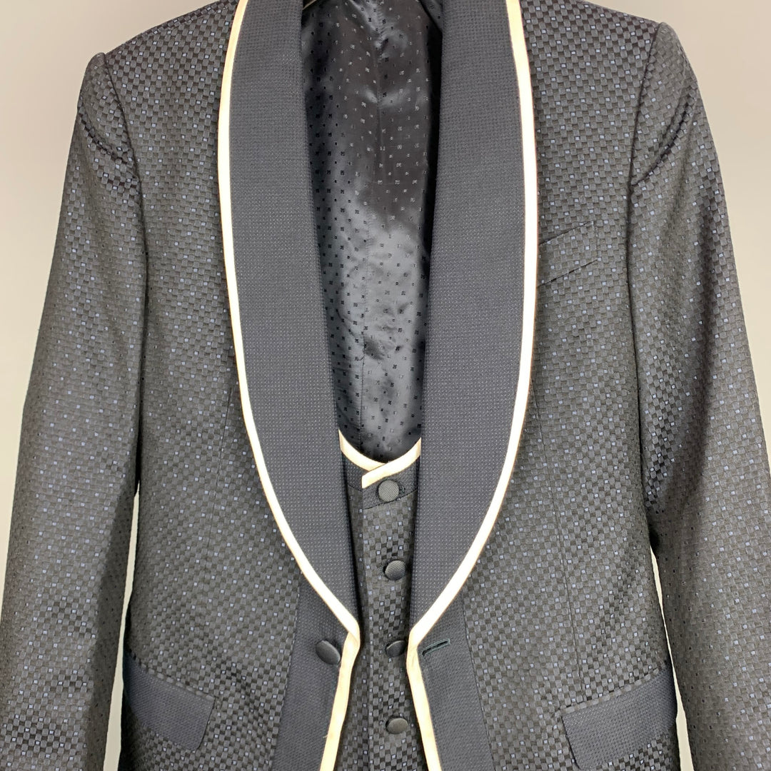 DOLCE & GABBANA Size 36 Navy & White Jacquard Silk Blend Shawl Collar 3 Piece Suit