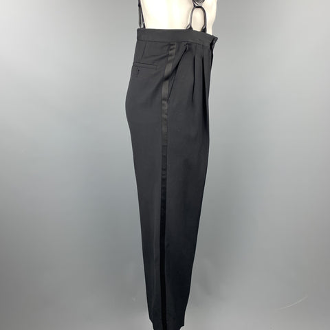 Vintage Size 33 Black Wool Pleated Tuxedo Stripe Braces Trousers