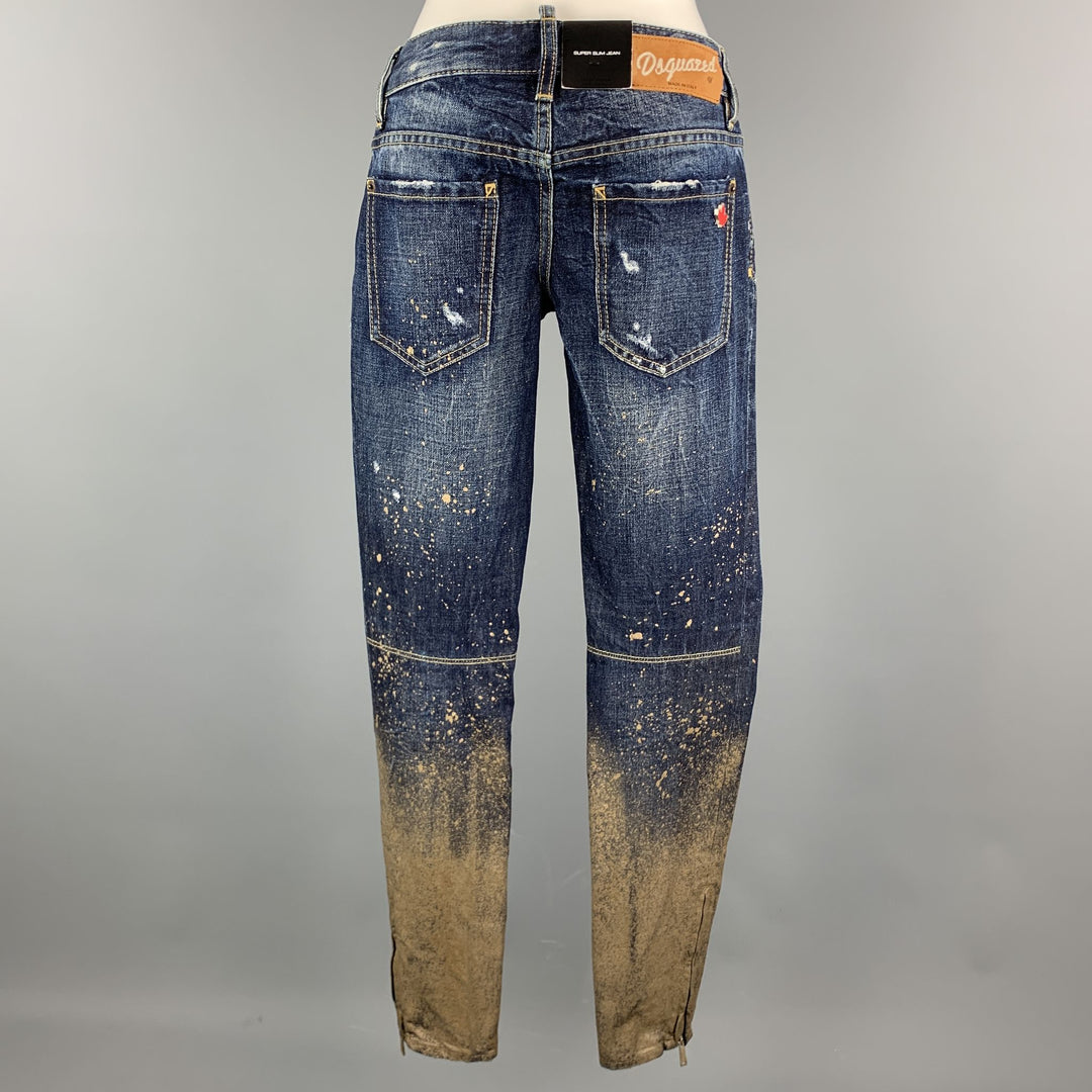 DSQUARED2 Size 2 Blue Cotton Paint Splattered Cuff Zipper Five Pockets Jeans