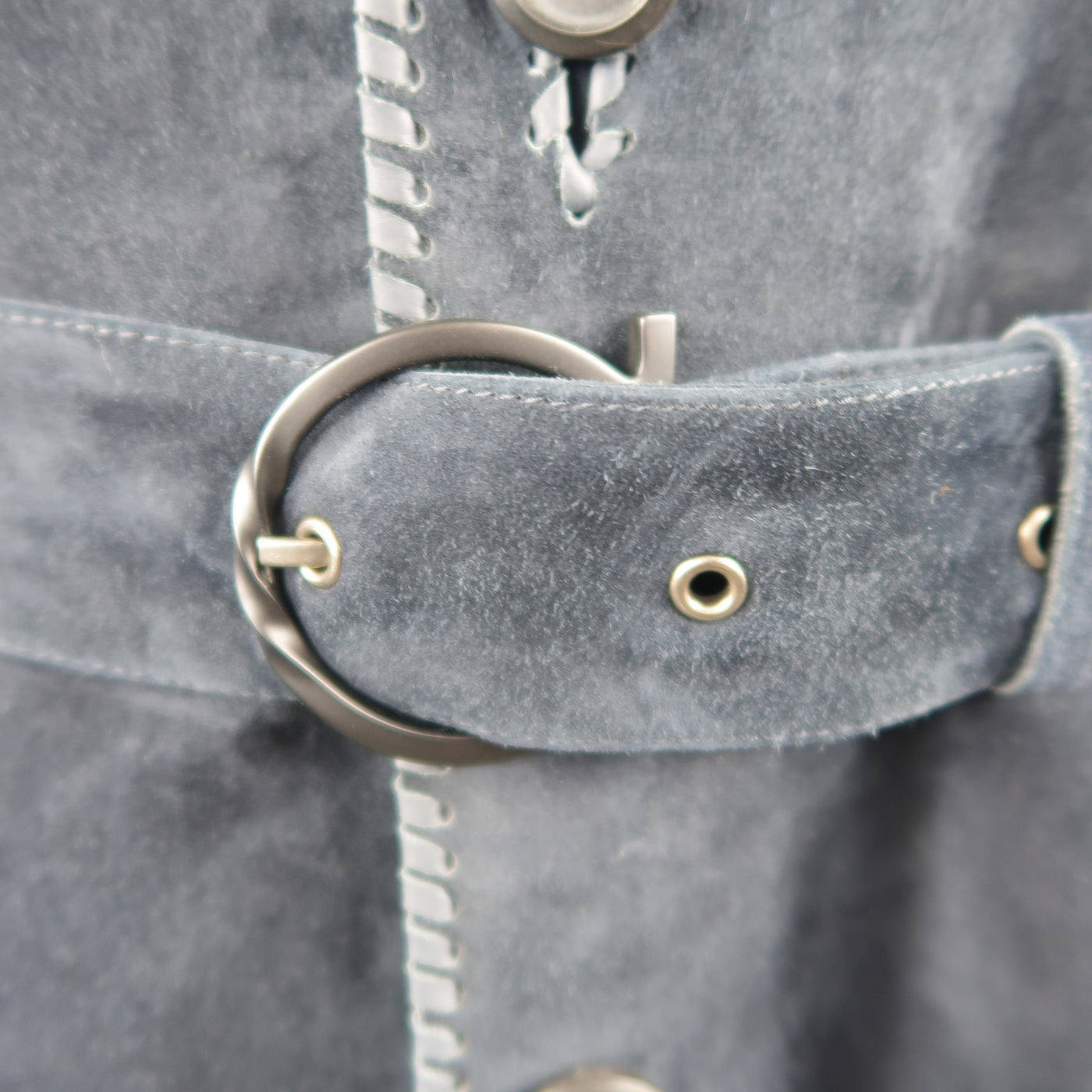 SALVATORE FERRAGAMO 40 Navy Suede Whipstitched Trench Coat