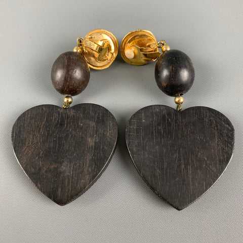 YVES SAINT LAURENT Rive Gauche Gold Brown Heart Wood Clip-On Earrings