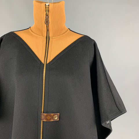 LOUIS VUITTON Taille Unique Noir Tan Laine Soie Sportive Col Haut Double Face Cape