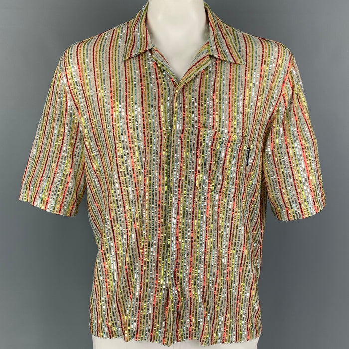 PALM ANGELS Size XL Multi-Color Sequined Camp Short Sleeve Shirt