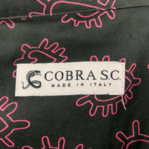 COBRA S.C. Size XL Black Pink Print Cotton Button Up Short Sleeve Shirt
