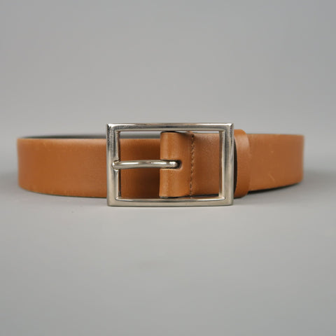 PRADA Tan Leather Silver Rectangle Buckle Belt