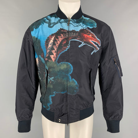 VALENTINO Size 40 Navy Dragons Garden Polyamide Zip Up Bomber Jacket