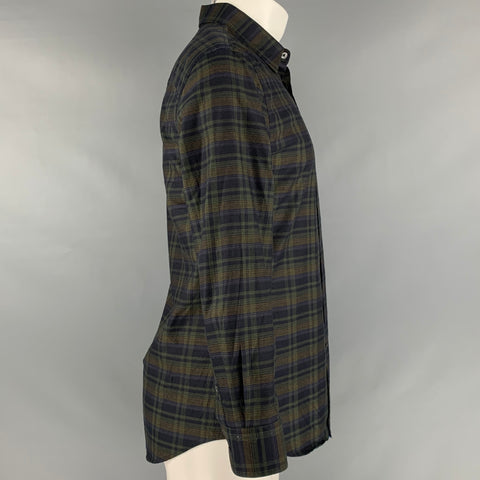 JOHN VARVATOS Size S Black Green Plaid Cotton Long Sleeve Shirt