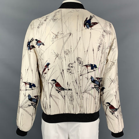 DOLCE & GABBANA Size 44 Beige & Navy Print Silk Zip Up Bomber Jacket