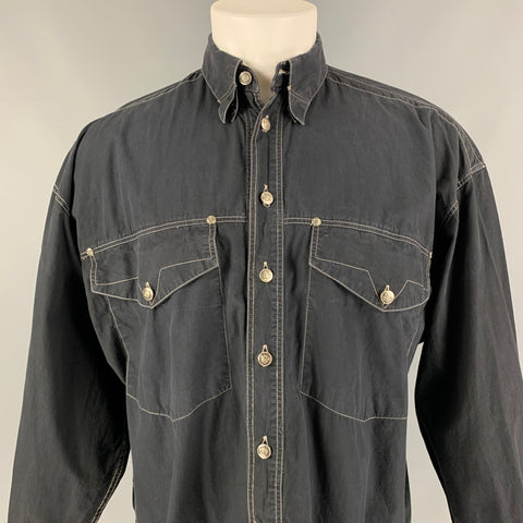 Vintage VERSACE JEANS COUTURE Size M Black Contrast Stitch Cotton Long Sleeve Shirt