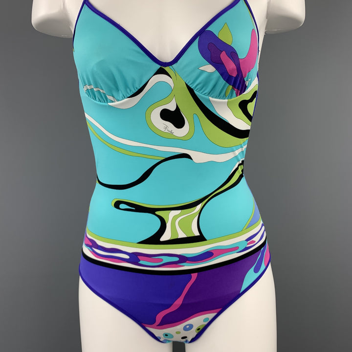 EMILIO PUCCI Size 4 Turquoise & Purple Print One Piece Halter Swimsuit