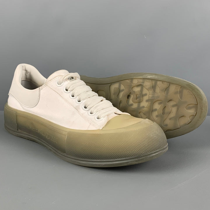 ALEXANDER MCQUEEN Size 8 White Olive Canvas Low Top Plimsoll Sneakers