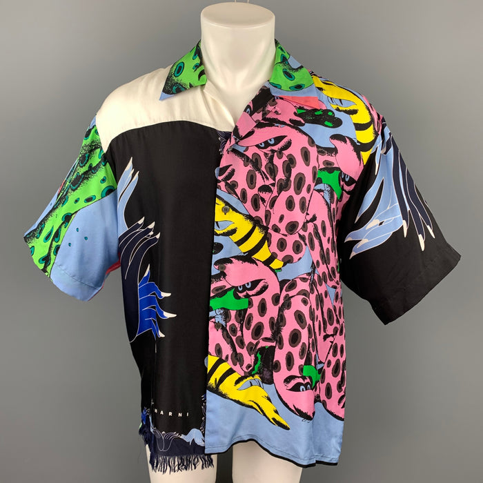 MARNI x BRUNO BOZZETTO Size M Multi-Color Print Silk Raw Edge Oversized Short Sleeve Shirt
