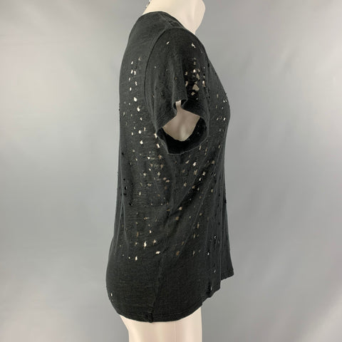 IRO Size XS Black Distressed Linen Crew-Neck T-shirt