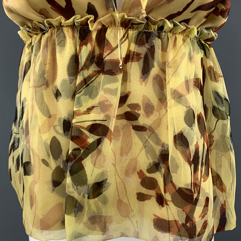 MISSONI Blusa sin mangas plisada de seda con estampado de hojas amarillas talla 2