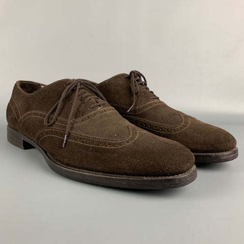 ERMENEGILDO ZEGNA Size 11.5 Brown Perforated Suede Wingtip Lace Up Shoes