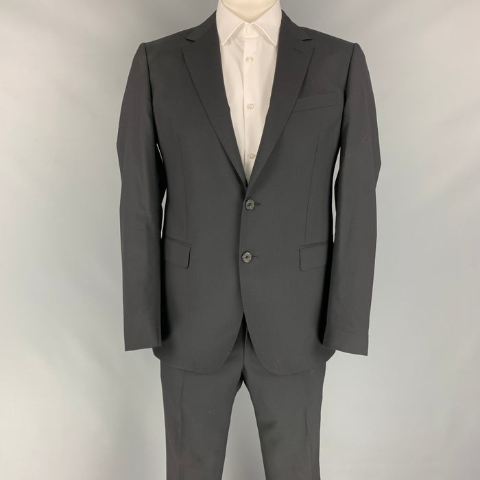 LANVIN Size 42 Regular Black Wool Notch Lapel Suit
