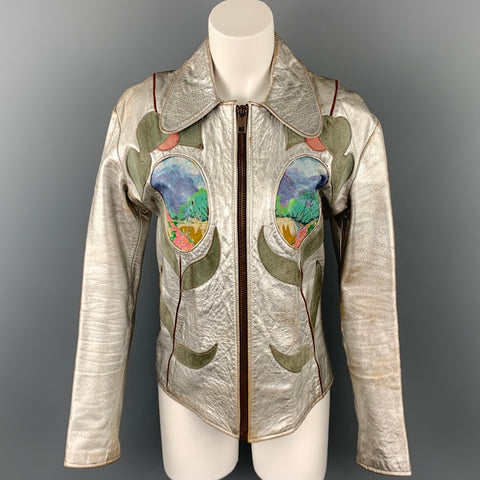 Vintage EAST WEST MUSICAL INSTRUMENTS Janti Size XL Silver Hand Painted Applique Zip Up Jacket