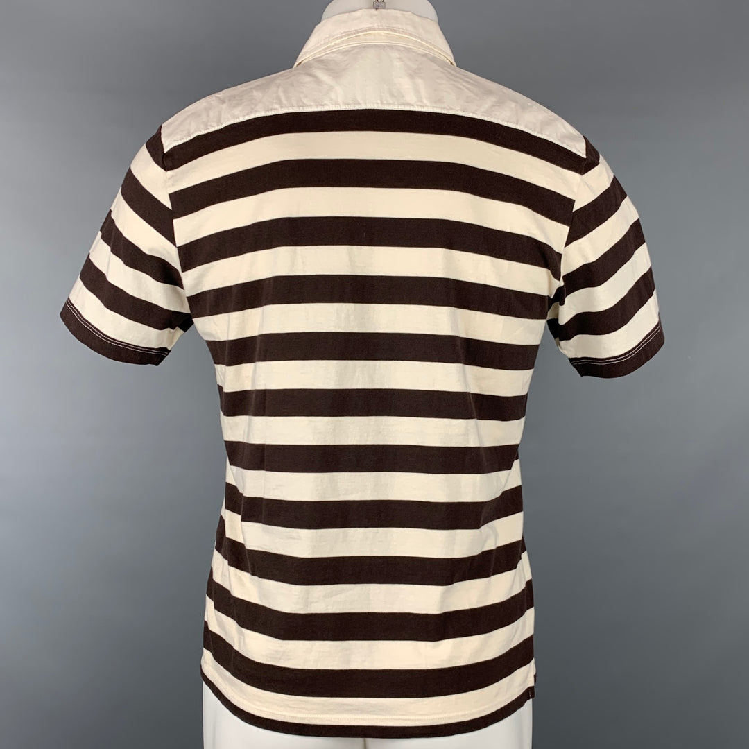 PRADA Size L Beige & Brown Stripe Short Sleeve Polo