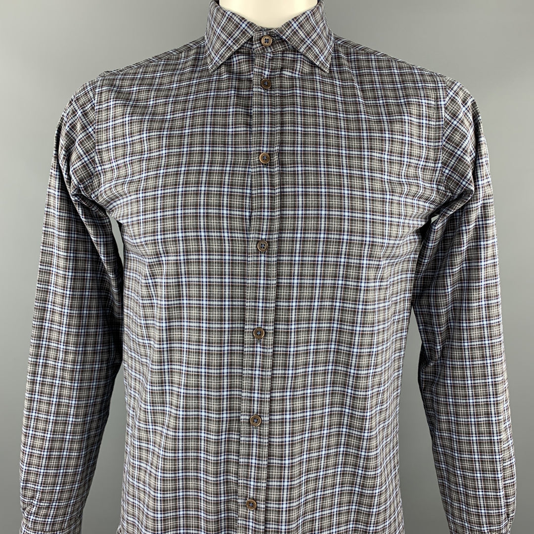 KOIKE Size L Blue & Grey Plaid Cotton Button Up Long Sleeve Shirt