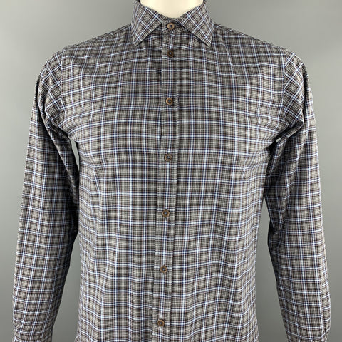 KOIKE Size L Blue & Grey Plaid Cotton Button Up Long Sleeve Shirt