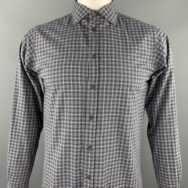 KOIKE Talla L Camisa de manga larga con botones de algodón a cuadros azul y gris