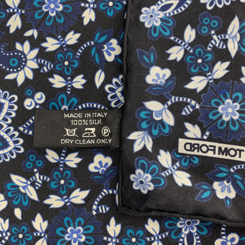 TOM FORD Black & Teal Floral Silk Pocket Square