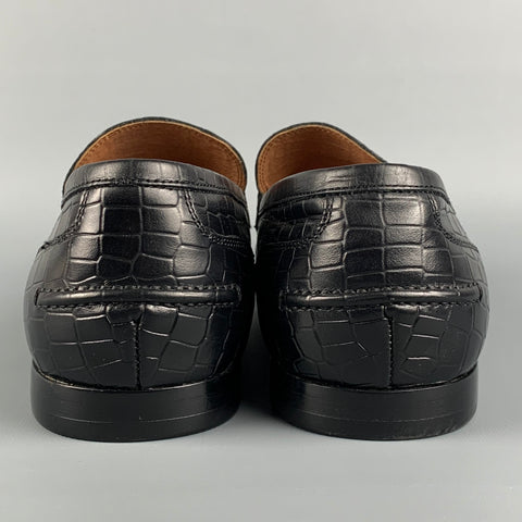SAKS FIFTH AVENUE Size 12 Black Embossed Leather Slip On Horsebit Loafers