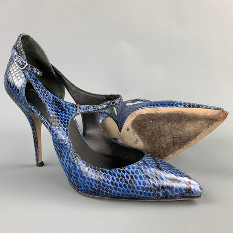ALEXANDER WANG Inka Talla 8.5 Zapatos de tacón de cuero con relieve azul y negro