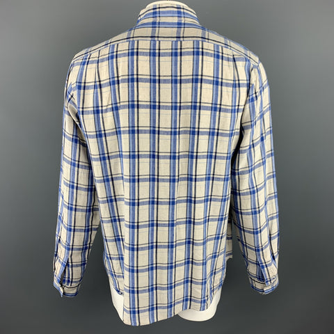 MARGARET HOWELL Size XL Grey & Blue Plaid Linen Button Up Long Sleeve Shirt
