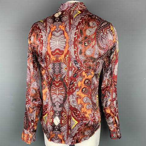 JUST CAVALLI Size L Burgundy & Brown Print Silk Button Up Long Sleeve Shirt