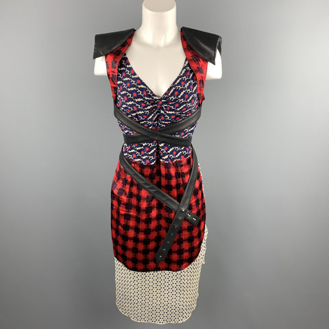 MICHEL KLEIN Taille S Robe fourreau ceinturée en soie patchwork multicolore
