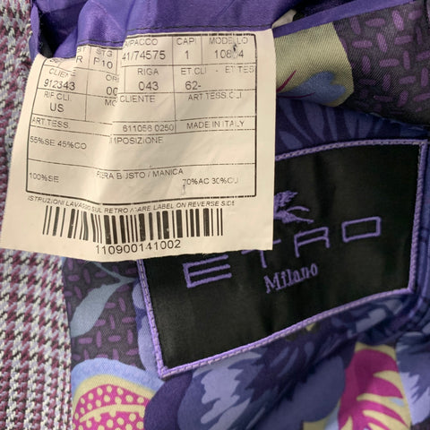 ETRO Size 40 Purple Blue Plaid Silk Cotton Peak Lapel Sport Coat