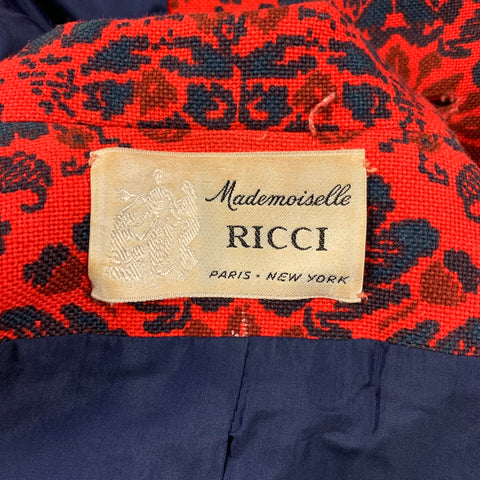 Vintage NINA RICCI Red & Navy Crepe Tapestry 3 Piece Skirt Suit