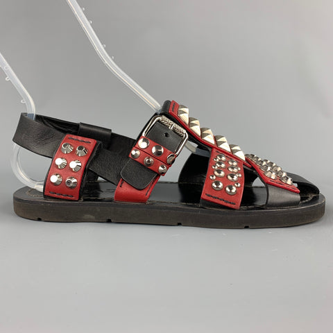 PRADA S/S 18 Size 8 Black & Burgundy Studded Leather Gladiator Sandals
