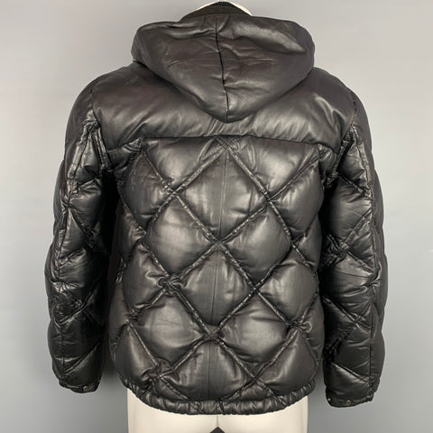 THEORY Size M Black Quilted Lamb Skin Leather Zip Up Hooded Jacket