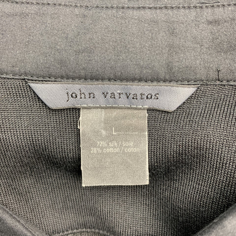 JOHN VARVATOS Size L Black Ribbed Cotton / Silk Ribbed Buttoned Long Sleeve Polo
