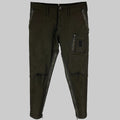Pair of black slim-fit casual pants with exposed zipper details and a zip fly closure, displayed on a hanger.