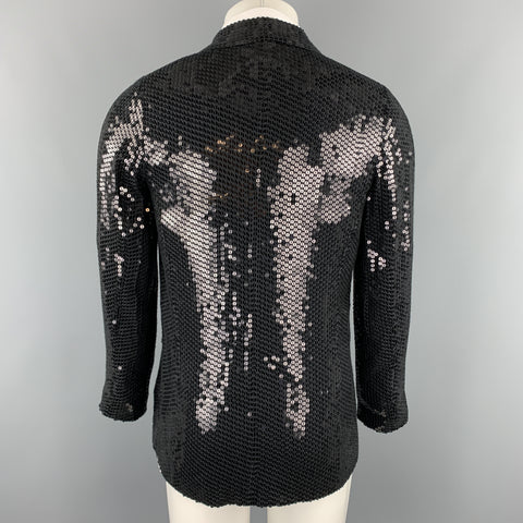 CUSTOM MADE Size XS Black Sequined Shawl Collar Silk Hook & Eye Sport Coat