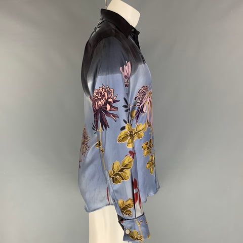 GUCCI by Tom Ford 2003 Size S Blue Floral Silk Button Up Long Sleeve Shirt