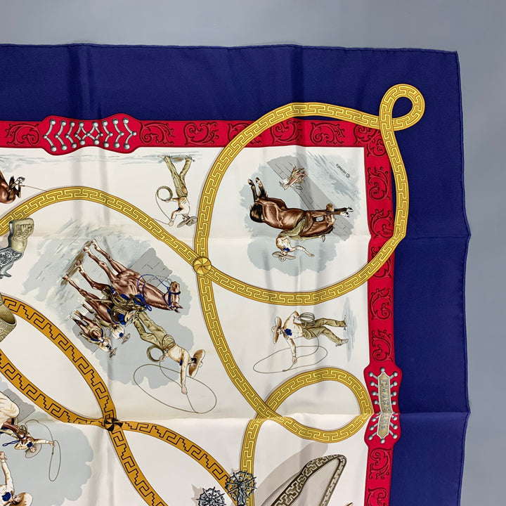 HERMES Blue Red White Equestrian Silk Charreada Scarf