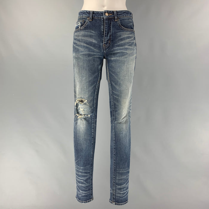 SAINT LAURENT Size 26 Blue Cotton &  Elastane Distressed Skinny Jeans